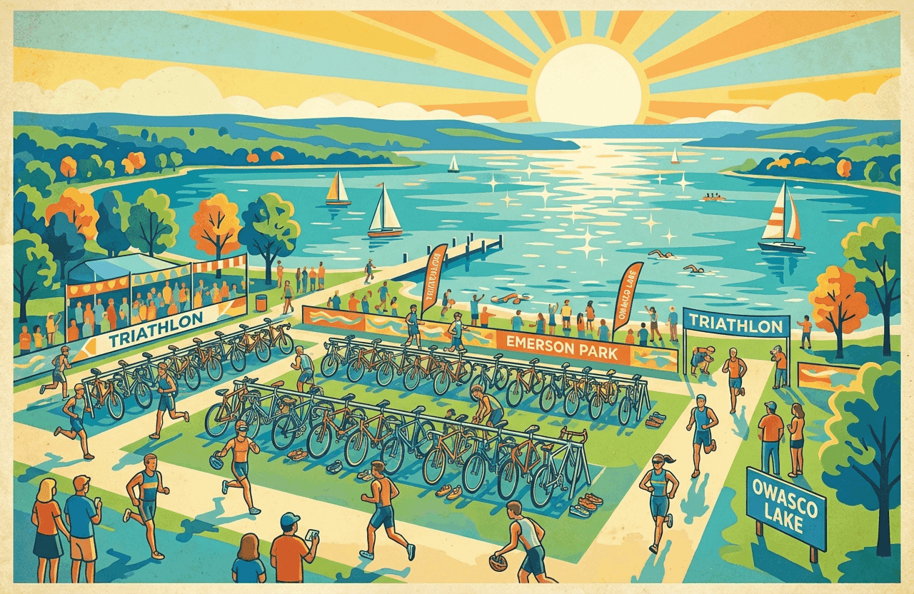 Great Race transition area with racers and equipment staged near Owasco Lake.