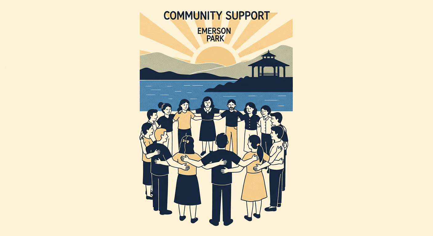 Illustrated poster of a community circle supporting the Great Race